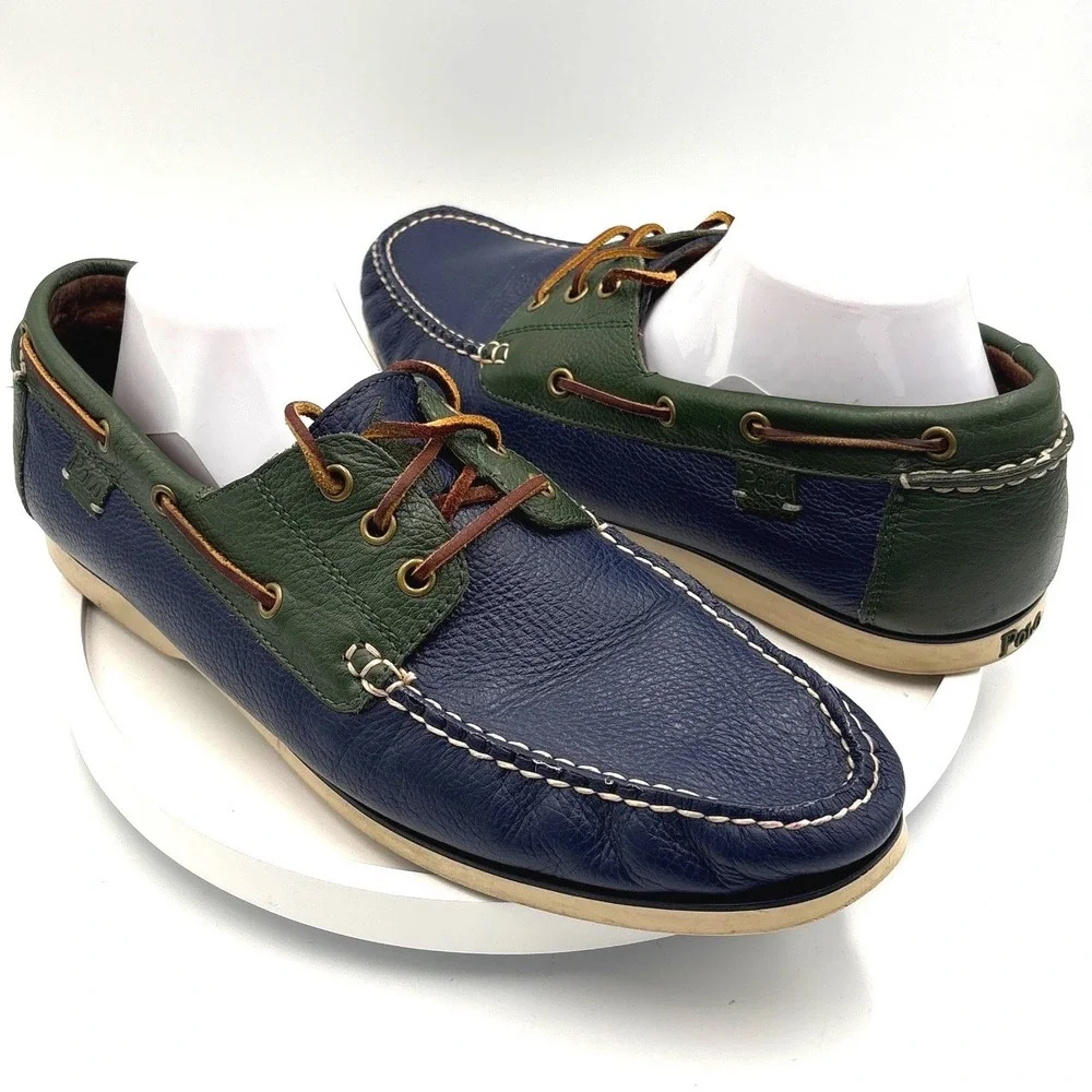Polo Ralph Lauren Bienne II Mens 12D Boat Shoes Navy Green Leather Loafers 11503